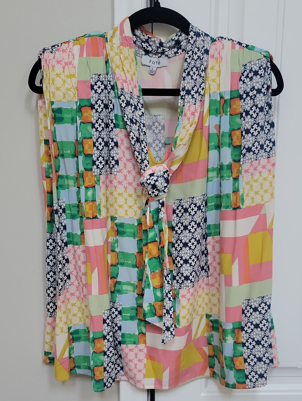 Fate Patchwork Tie-Neck Sleeveless Blouse in Pastel Mix
